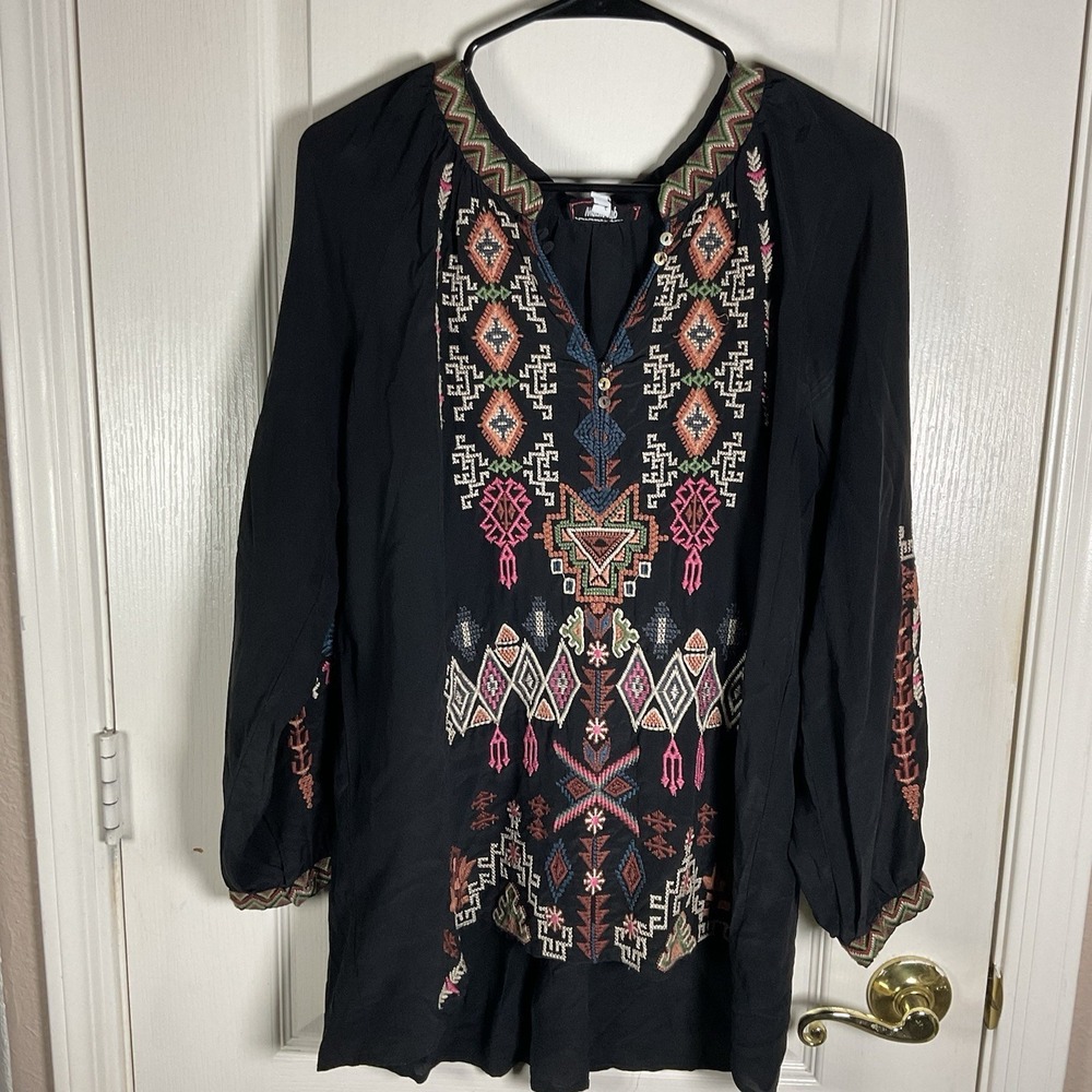 Johnny Was Workshop Women's Small Black Silk Embroidered Top Earth‑Tone Floral